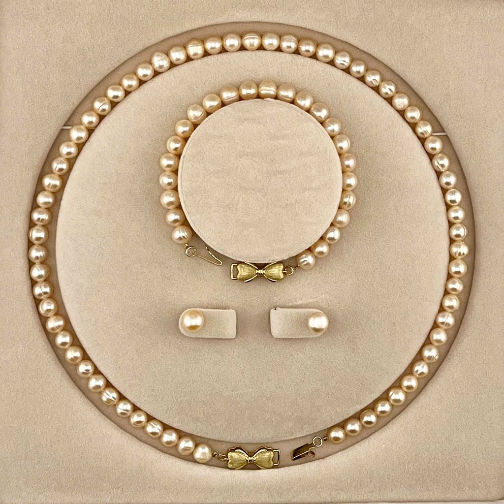 (Kèm kiểm định) Bộ Set Ngọc Trai Vòng cổ, Vòng Tay và Bông tai Tự Nhiên Khoá Nơ Xinh Xắn MADAME HIEN PEARLS Cho Nữ SCT035