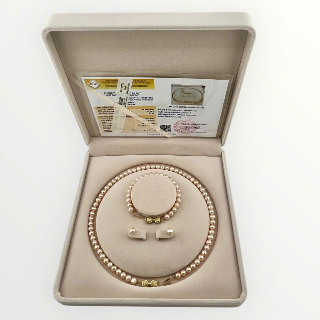 (Kèm kiểm định) Bộ Set Ngọc Trai Vòng cổ, Vòng Tay và Bông tai Tự Nhiên Khoá Nơ Xinh Xắn MADAME HIEN PEARLS Cho Nữ SCT035