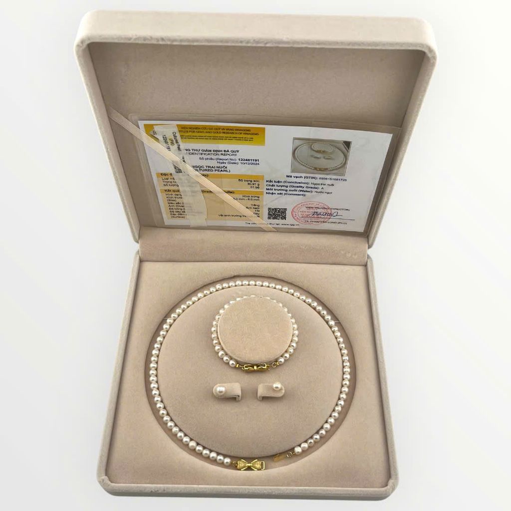 (Kèm kiểm định) Bộ Set Ngọc Trai Vòng cổ, Vòng Tay và Bông tai Tự Nhiên Khoá Nơ Xinh Xắn MADAME HIEN PEARLS Cho Nữ SCT035