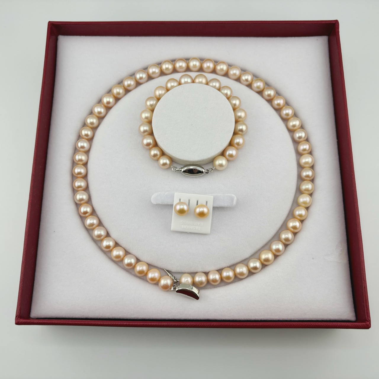 Bộ Set Vòng Cổ, Vòng Tay và Bông Tai Ngọc Trai Hồng Cam Tròn Hoàn Hảo 9-10mm Grade AAAA KÈM KIỂM ĐỊNH ST003H