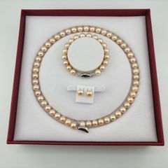 Bộ Set Vòng Cổ, Vòng Tay và Bông Tai Ngọc Trai Hồng Cam Tròn Hoàn Hảo 9-10mm Grade AAAA KÈM KIỂM ĐỊNH ST003H