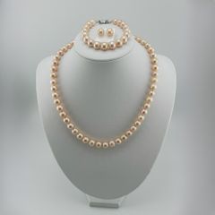 Bộ Set Vòng Cổ, Vòng Tay và Bông Tai Ngọc Trai Hồng Cam Tròn Hoàn Hảo 9-10mm Grade AAAA KÈM KIỂM ĐỊNH ST003H