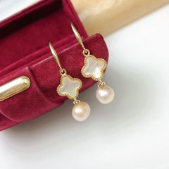 Bông tai Ngọc Trai Mặt Cỏ 4 Lá Trắng Xà Cừ Tua Rua 1 Hạt Ngọc Trai Tự Nhiên MADAME HIEN PEARLS Cho Nữ BTT097