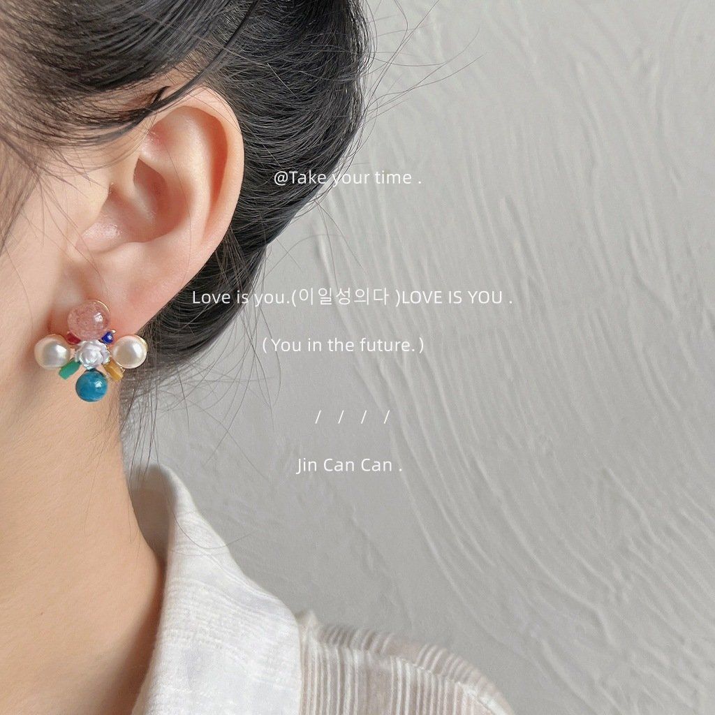 Bông Tai Ngọc Trai Tự Nhiên Kim Bạc Ý s925 Phối Pha Lê Dâu Sặc Sở Sắc Màu MADAME HIEN PEARLS BTN109