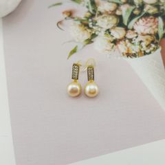 Bông Tai Ngọc Trai Tự Nhiên Mặt Thanh Đơn Giản Đính 10 Hạt Đá Quý MADAME HIEN PEARLS BTN134