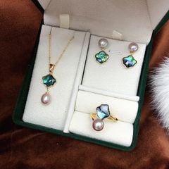 Bộ Set Ngọc Trai Vòng cổ, Nhẫn, Bông Tai Set Khuyên Tai Vỏ Trai Đính Ngọc Trai Tự Nhiên Vỏ Sò Xanh Xà Cừ SPS007B