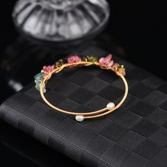 Vòng Tay Ngọc Trai Kết Aquamarine Pha Lê Tourmaline Kiểu Còng Cứng MADAME HIEN PEARLS Có Thể Điều Chỉnh VTG024