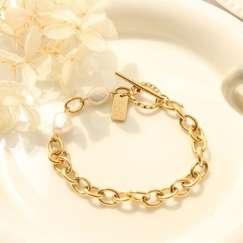 Vòng Tay OT Thép Titan Khóa Hình Học Tag Handmade Đính Ngọc Trai Tự Nhiên MADAME HIEN PEARLS Unisex Nam Nữ VTB045
