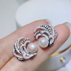 Bông Tai Mặt Kim Lông Vũ 3D Sang Trọng Đính Ngọc Trai Tự Nhiên MADAME HIEN PEARLS Cho Nữ BTN297