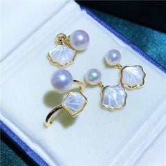 Bộ Set Trang Sức Ngọc Trai Dây Chuyền, Nhẫn Và Bông Tai Dáng Sò Cẩn Xà Cừ Trắng Sang Trọng MADAME HIEN PEARLS Cho Nữ SPS104