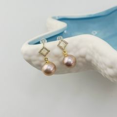 Bông Tai Bạc Ý Đính Hạt Ngọc Trai Edison Tự Nhiên Mặt Tứ Giác Đá Quý MADAME HIEN PEARLS Đơn Giản BTT053