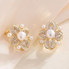 Bông Tai Ngọc Trai Kẹp Tai Kim Bạc Ý s925 Mạ Vàng 14k Dáng Cánh Hoa Hoàng Gia Ý Sang Trọng BTN111