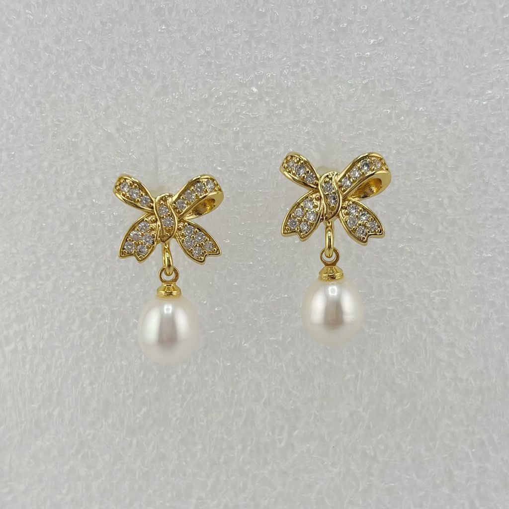 Bông Tai Ngọc Trai Nơ Đá Zircon Tua Rua Hạt Ngọc Trai Giọt Nước Tự Nhiên MADAME HIEN PEARLS BTG090