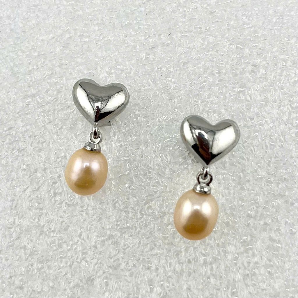 Bông Tai Ngọc Trai Tự Nhiên Mặt Trái Tim Bạc Tua Rua Ngọc Trai Hạt Gạo Đáng Yêu MADAME HIEN PEARLS BTG029
