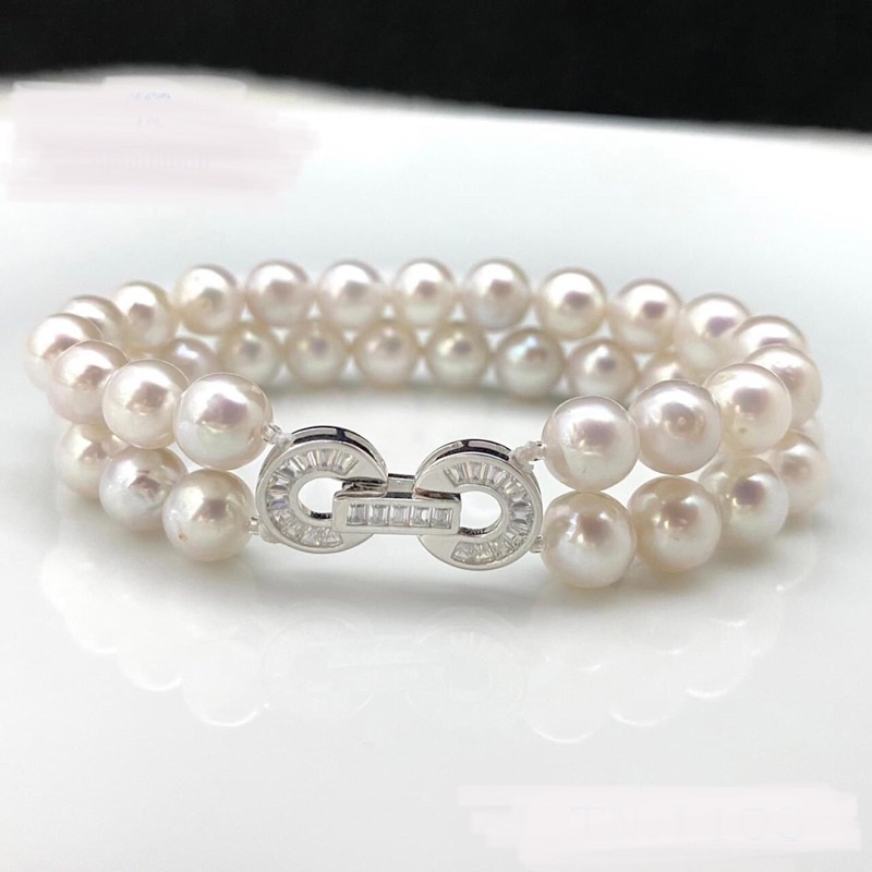 Vòng Tay Ngọc Trai Tự Nhiên Màu Trắng Dây Đôi 6-7mm Khóa Bạc s925 Cẩn Pha Lê Trắng MADAME HIEN PEARLS VTT087TR