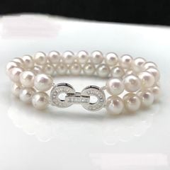 Vòng Tay Ngọc Trai Tự Nhiên Màu Trắng Dây Đôi 6-7mm Khóa Bạc s925 Cẩn Pha Lê Trắng MADAME HIEN PEARLS VTT087TR