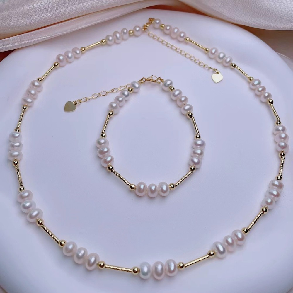 Bộ Set Ngọc Trai Vòng cổ và Vòng Tay Tự Nhiên Chèn Cham Đũa Dài Mỗi 3 Hạt Lạ Mắt MADAME HIEN PEARLS SCT034