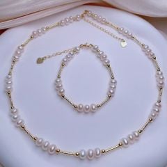 Bộ Set Ngọc Trai Vòng cổ và Vòng Tay Tự Nhiên Chèn Cham Đũa Dài Mỗi 3 Hạt Lạ Mắt MADAME HIEN PEARLS SCT034