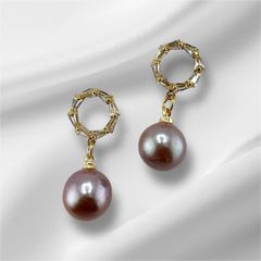 Bông Tai Ngọc Trai Tím Tự Nhiên Mặt Khung Pha Lê Tròn Tối Giản MADAME HIEN PEARLS Cho Nữ BTT115