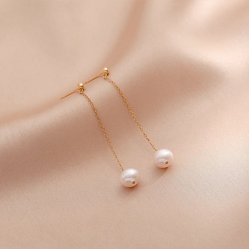Bông Tai Kim Bạc s925 Tua Rua 1 Hạt Ngọc Trai Tự Nhiên Tối Giản MADAME HIEN PEARLS BTT064