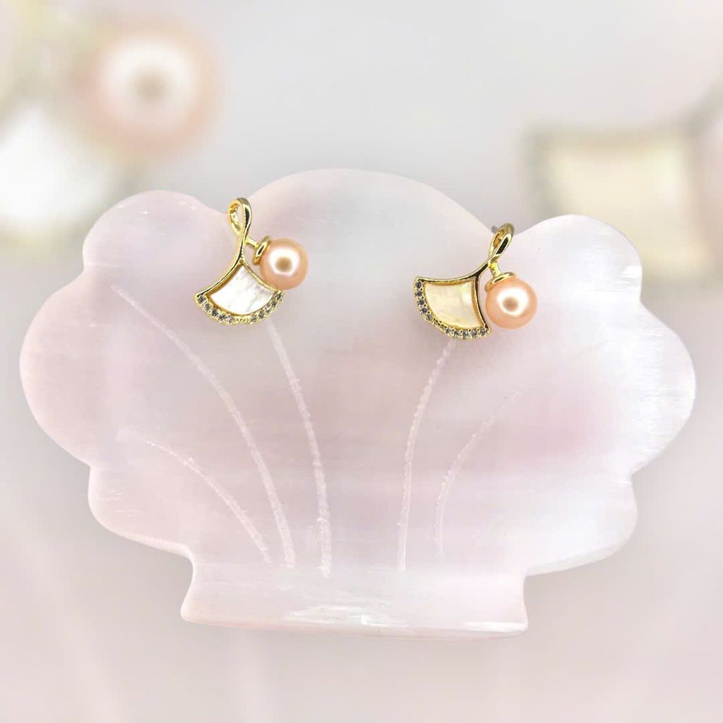 Bông Tai Ngọc Trai Tự Nhiên Lá Bạch Quả Ginkgo Mạ Vàng Thật 18k Đính Hạt Ngọc Trai Tròn Trắng MADAME HIEN PEARLS Cho Nữ BTT103