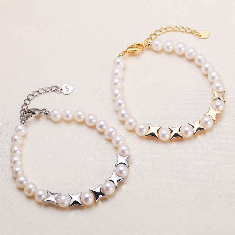 Vòng Tay Ngọc Trai Tự Nhiên Mặt Phối 5 Cham Hình X Kim Cương Khoá Bạc Ý s925 Sang Trọng MADAME HIEN PEARLS Cho Nữ VTT024