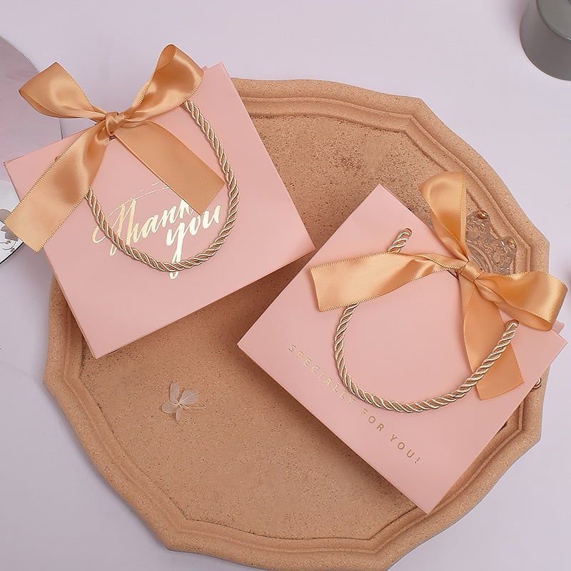 Túi giấy hồng 11*16 túi quà kèm nơ ruy băng Thank You đựng trang sức sang trọng PKG011