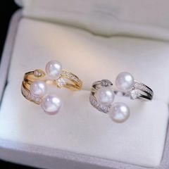 Nhẫn Ngọc Trai Tự Nhiên Mặt 3 Hạt Ngọc Trai Phối Pha Lê Phong Cách Vườn Sao Sang Trọng MADAME HIEN PEARLS Cho Nữ NN135