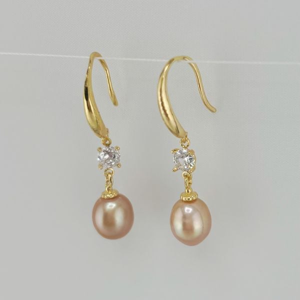 Bông Tai Tua Rua 1 Viên Ngọc Trai Tự Nhiên Hạt Gạo Kiểu Móc Câu Mặt Đính Đá Zircon MADAME HIEN PEARLS Cho Nữ BTG103