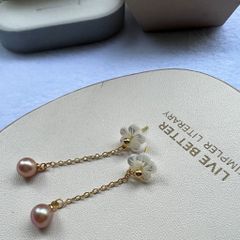 Bông Tai Ngọc Trai Tự Nhiên Tua Rua Hạt Ngọc Trai Giọt Nước Mặt Vỏ Trai Hình Hoa 5 Cánh Dễ Thương MADAME HIEN PEARLS Cho Nữ BTG132