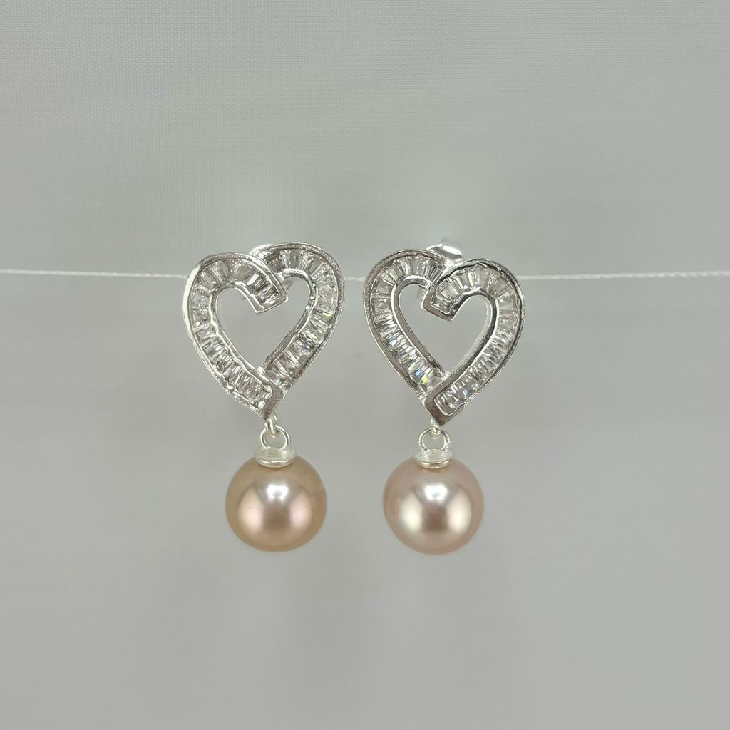Bông Tai Ngọc Trai Tự Nhiên Khung Bạc Ta Đính Pha Lê Mặt Trái Tim Tua Rua 1 Hạt Ngọc Trai Tự Nhiên MADAME HIEN PEARLS Cho Nữ BTN218