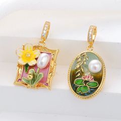 Dây Chuyền Mặt Tranh Sơn Dầu Khung Vuông Hoa Sứ Vàng Đính Ngọc Trai Tự Nhiên Phong Cách Pháp Retro MADAME HIEN PEARLS Cho Nữ MG040