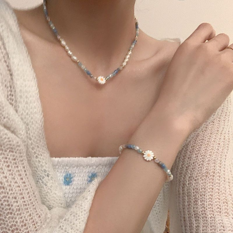 Bộ Trang Sức Vòng Cổ và Vòng Tay Ngọc Trai Gạo Tự Nhiên Phối Cham Tone Xanh Biển Đáng Yêu MADAME HIEN PEARLS Cho Con Gái Yêu SCG012