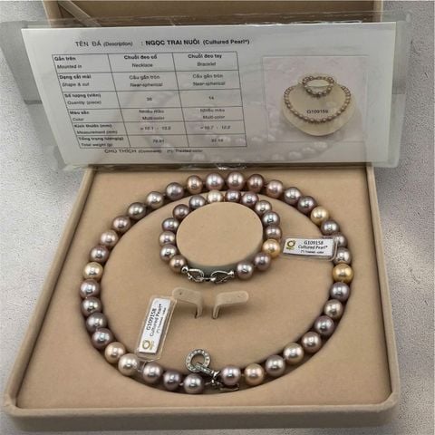 [Kèm Kiểm Định] Bộ Set Vòng Cổ và Vòng Tay Ngọc Trai Tự Nhiên Tím Mix VIP Hạt Tứ Quý 11-15mm Tròn Đẹp MADAME HIEN PEARLS SCT008