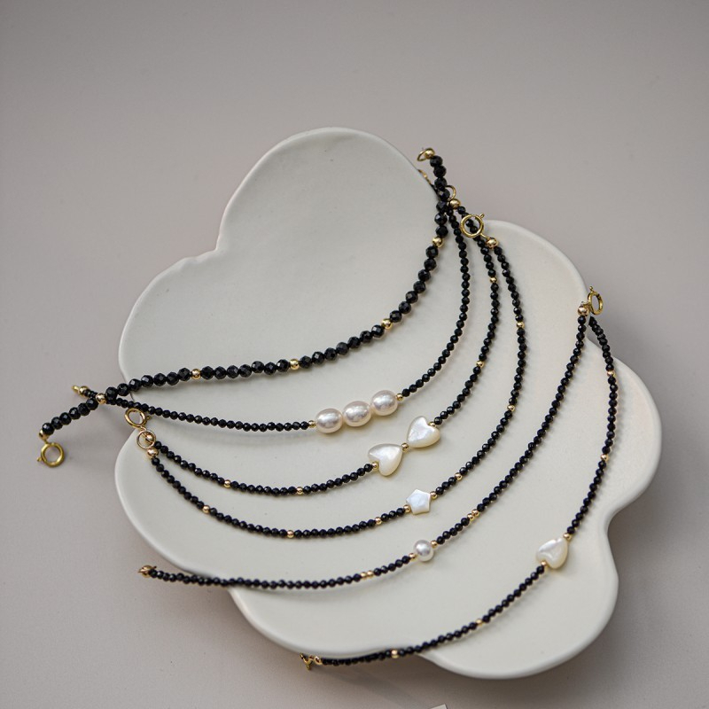 Bộ Vòng Cổ và Vòng Tay Pha Lê Đen Mặt 1 Hạt Ngọc Trai Đơn Giản Tự Nhiên MADAME HIEN PEARLS SPS071