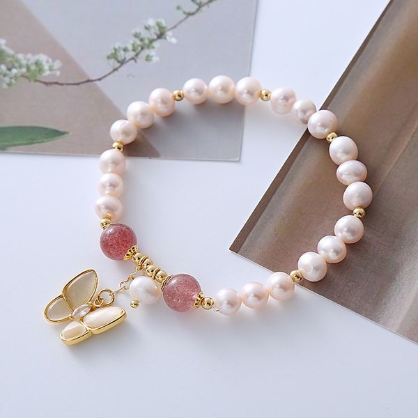 Vòng Tay Ngọc Trai Tự Nhiên Phối Hạt Cham Dâu Tua Rua Bướm Cẩn Xà Cừ MADAME HIEN PEARLS VTT083