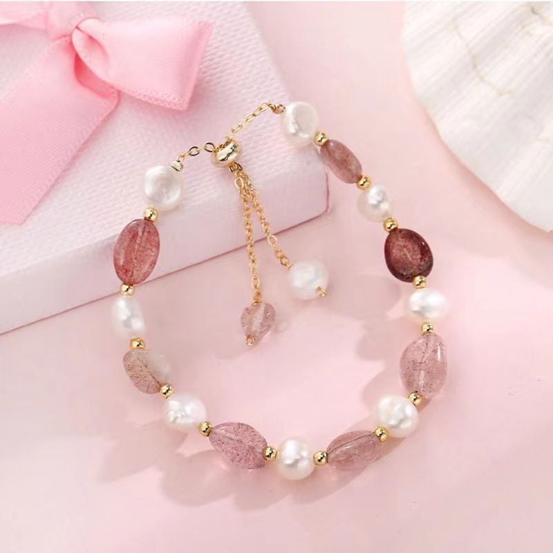 Vòng Tay Ngọc Trai Hạt Baroque Phối Đá Dâu Tây Xem Kẽ MADAME HIEN PEARLS Cho Nữ VTB067
