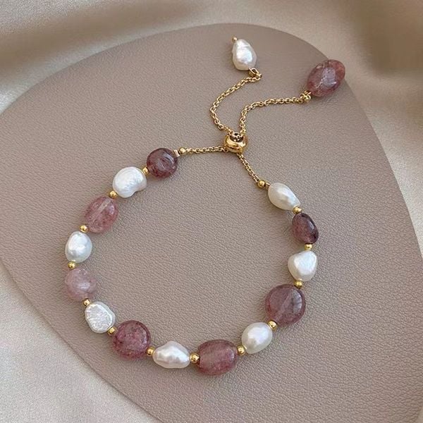 Vòng Tay Ngọc Trai Hạt Baroque Phối Đá Dâu Tây Xem Kẽ MADAME HIEN PEARLS Cho Nữ VTB067