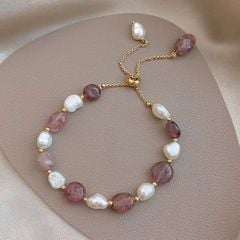 Vòng Tay Ngọc Trai Hạt Baroque Phối Đá Dâu Tây Xem Kẽ MADAME HIEN PEARLS Cho Nữ VTB067