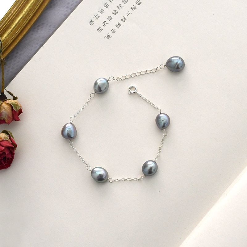 Vòng Tay Dây Chuyền Bạc Điểm 6 Hạt Ngọc Trai Xám Baroque Đơn Giản Đáng Yêu MADAME HIEN PEARLS Cho Nữ VTB025