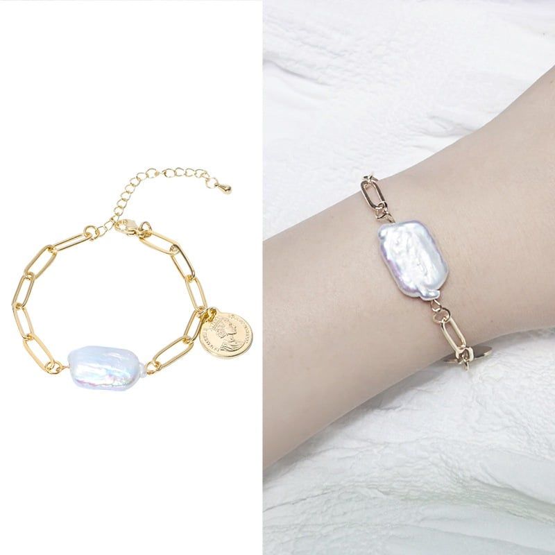 Vòng Tay Ngọc Trai Dị Hình Học Chữ Nhật Phối Xích Kim U Oval MADAME HIEN PEARLS Thời Trang Unisex Nam Nữ VTB035