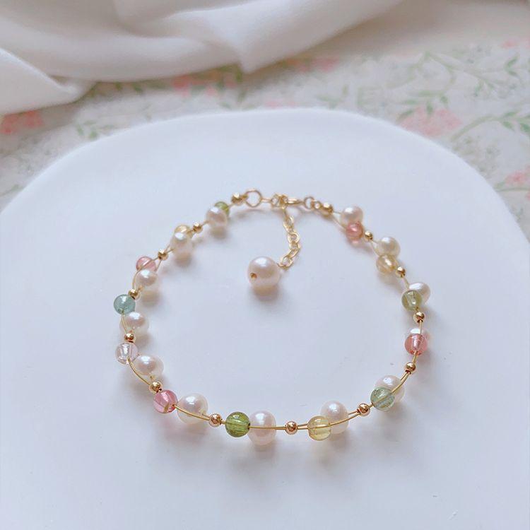 Vòng Tay Ngọc Trai Tự Nhiên phối Đá Tourmaline Đa Sắc Màu MADAME HIEN PEARLS Đáng Yêu Cho Bé VTT094