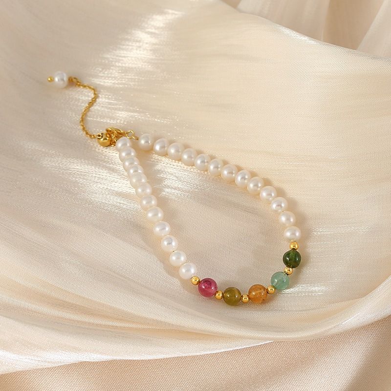 Vòng Tay Ngọc Trai Tự Nhiên Mặt 5 Hạt Tourmaline Đầy Màu Sắc Phong Thuỷ May Mắn MADAME HIEN PEARLS Cho Nữ VTT096