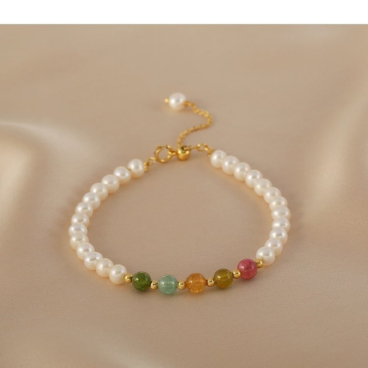 Vòng Tay Ngọc Trai Tự Nhiên Mặt 5 Hạt Tourmaline Đầy Màu Sắc Phong Thuỷ May Mắn MADAME HIEN PEARLS Cho Nữ VTT096