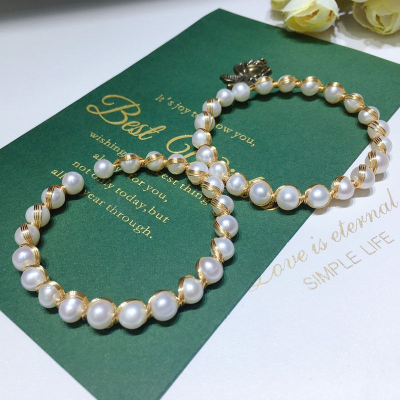 Vòng Tay Ngọc Trai Còng Cứng Quấn Dây Bạc Mạ Vàng MADAME HIEN PEARLS Unisex Nam Nữ VTT105