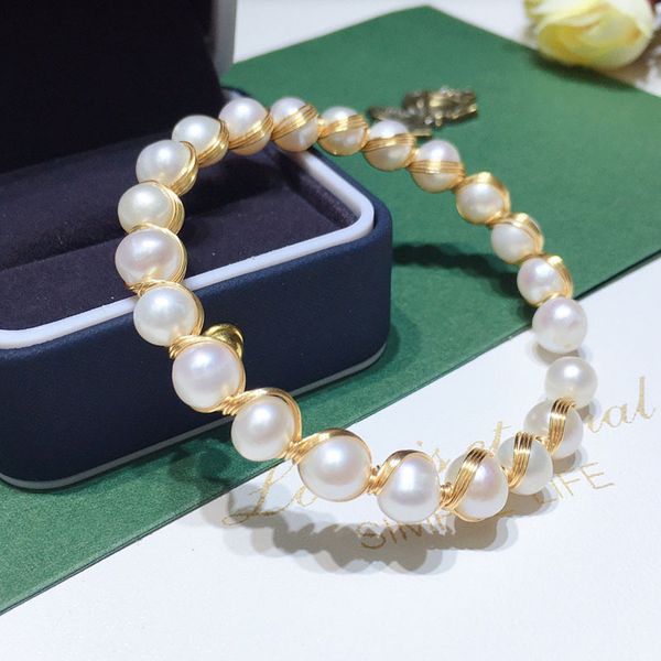 Vòng Tay Ngọc Trai Còng Cứng Quấn Dây Bạc Mạ Vàng MADAME HIEN PEARLS Unisex Nam Nữ VTT105