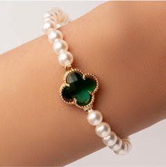 Vòng Tay Ngọc Trai Tự Nhiên Mặt Đá Cỏ 4 Lá MADAME HIEN PEARL Cho Nữ VTT124