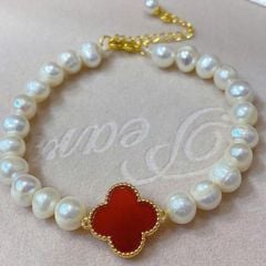 Vòng Tay Ngọc Trai Tự Nhiên Mặt Đá Cỏ 4 Lá MADAME HIEN PEARL Cho Nữ VTT124