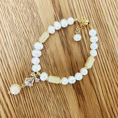 Vòng Tay Ngọc Trai Tự Nhiên phối Đá Cẩm Thạch màu ngà phật tử MADAME HIEN PEARLS VTT032