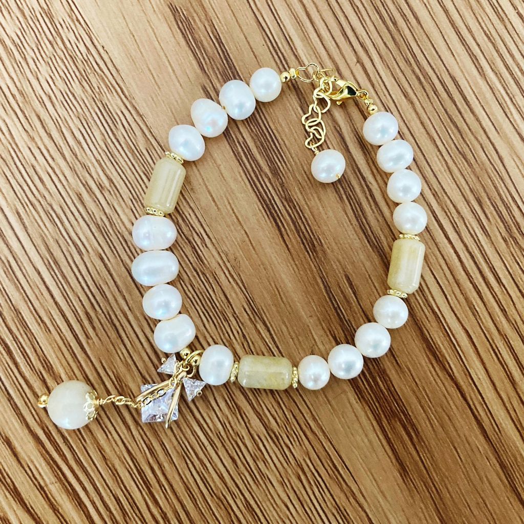 Vòng Tay Ngọc Trai Tự Nhiên phối Đá Cẩm Thạch màu ngà phật tử MADAME HIEN PEARLS VTT032